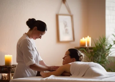 Masajista aplicando tratamiento en ambiente con velas
